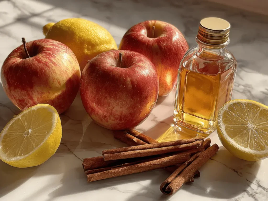 Stewed Apples Recipe – Simple, Healthy, and Comforting 2 Fresh apples, cinnamon, lemon, and maple syrup arranged on a kitchen counter
