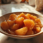 Stewed apples served warm in a ceramic bowl with cinnamon and maple syrup