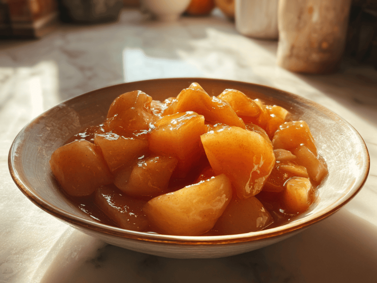 Stewed apples served warm in a ceramic bowl with cinnamon and maple syrup