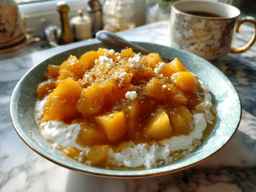 Stewed Apples Recipe – Simple, Healthy, and Comforting 5 Stewed apples served over oatmeal and yogurt in a cozy breakfast scene