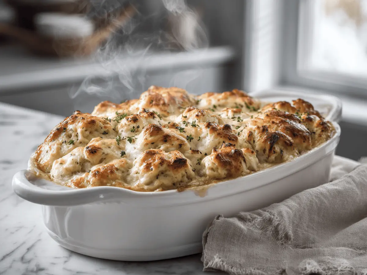 freshly baked chicken and dumpling bake in white dish