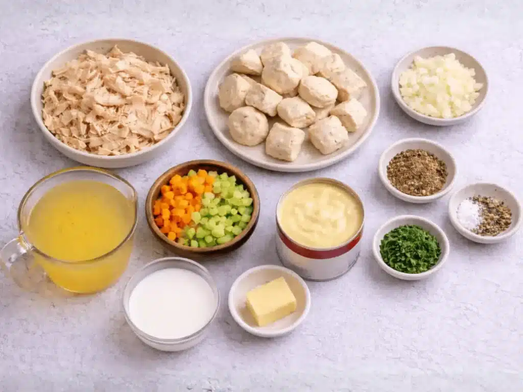 ingredients used in recipe for recipe for chicken and dumpling bake​ displayed on marble