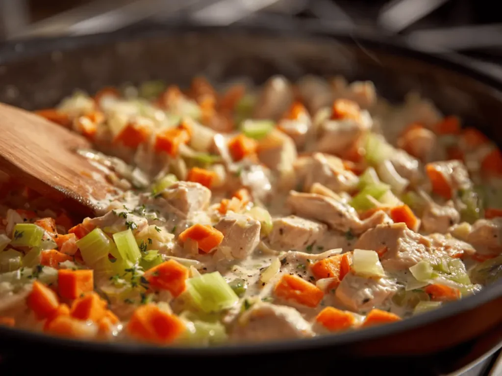 creamy chicken filling simmering in skillet, part of the recipe for chicken and dumpling bake
