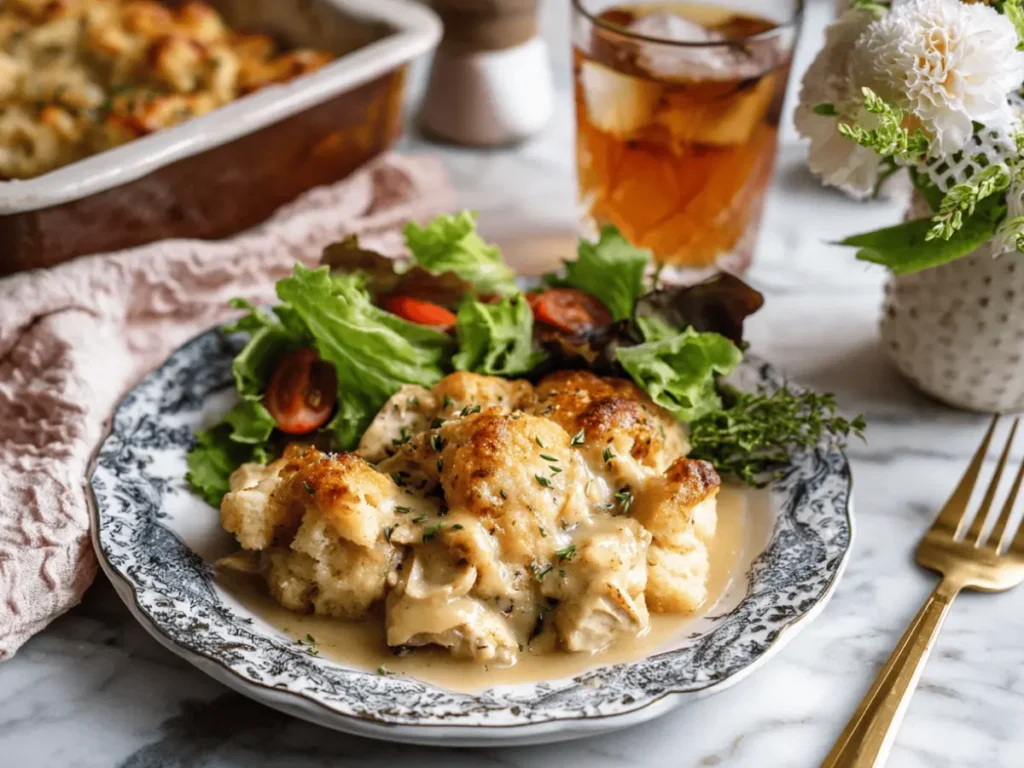 serving of chicken and dumpling bake with salad