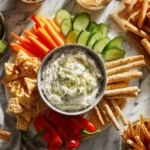 Cottage cheese dip on a dining table with pita chips and fresh vegetables