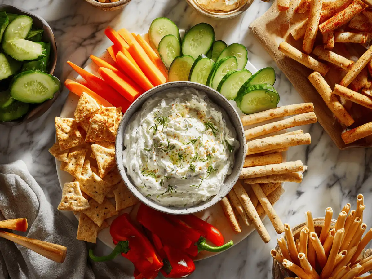 Cottage cheese dip on a dining table with pita chips and fresh vegetables