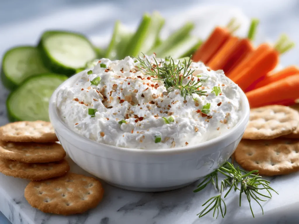 Cottage cheese dip served with vegetables and crackers