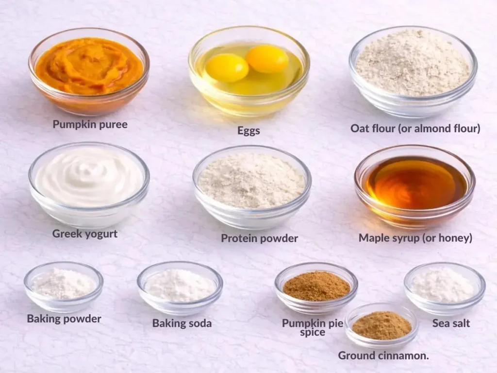 Ingredients for pumpkin protein muffins displayed neatly on a kitchen counter.