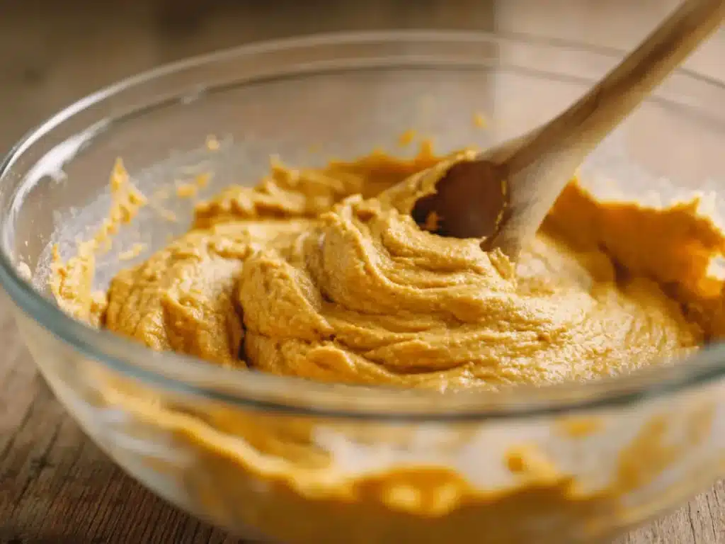 Mixing pumpkin protein muffin batter in a bowl.