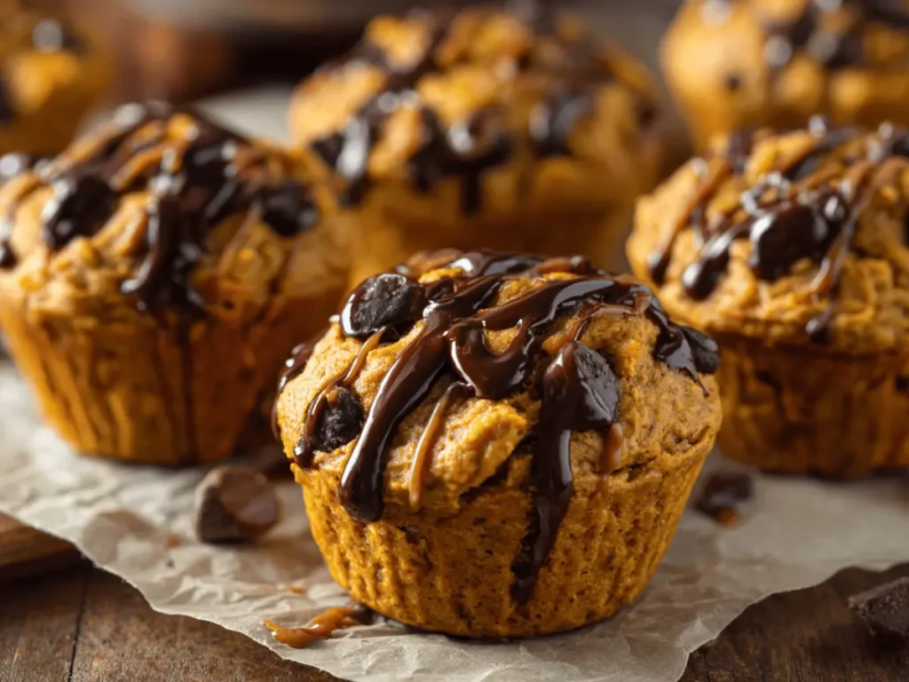 Pumpkin protein muffins with chocolate chips and nut butter swirl.