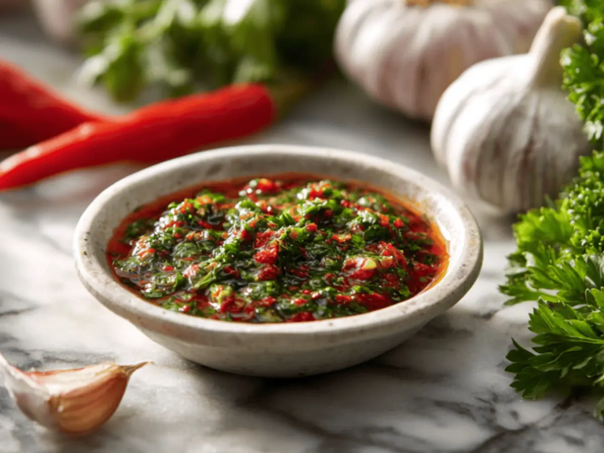 Red chimichurri sauce in a white bowl with herbs and peppers.