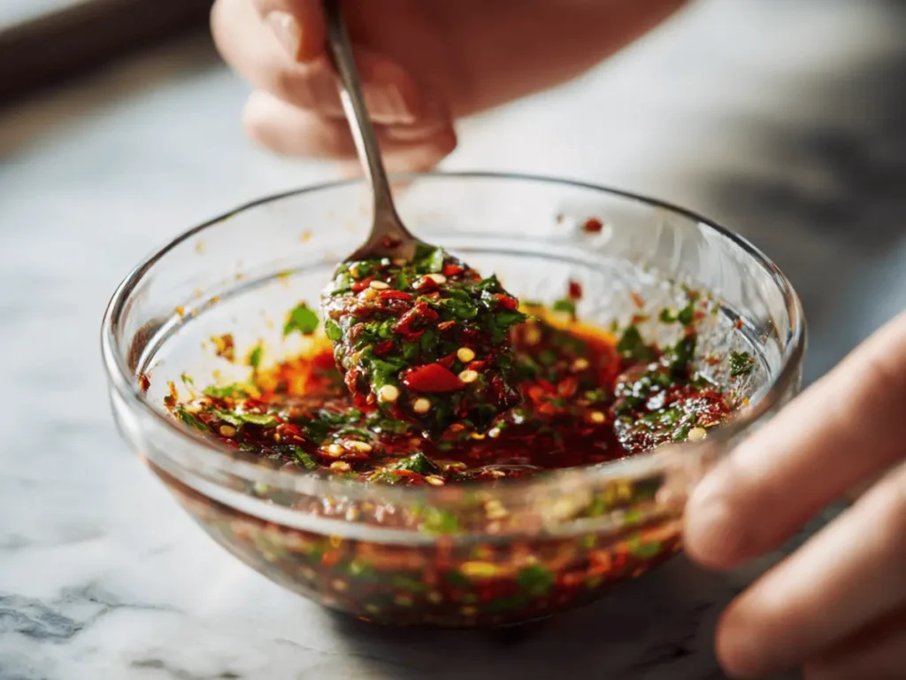 Mixing red chimichurri sauce in a bowl.