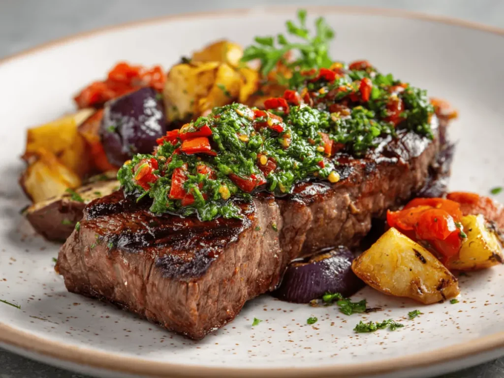 Grilled steak topped with red chimichurri sauce and vegetables.