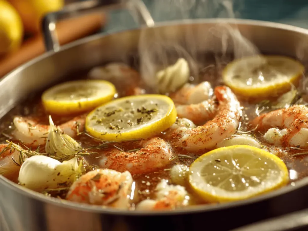 cooking process of louisiana seafood boil in large pot