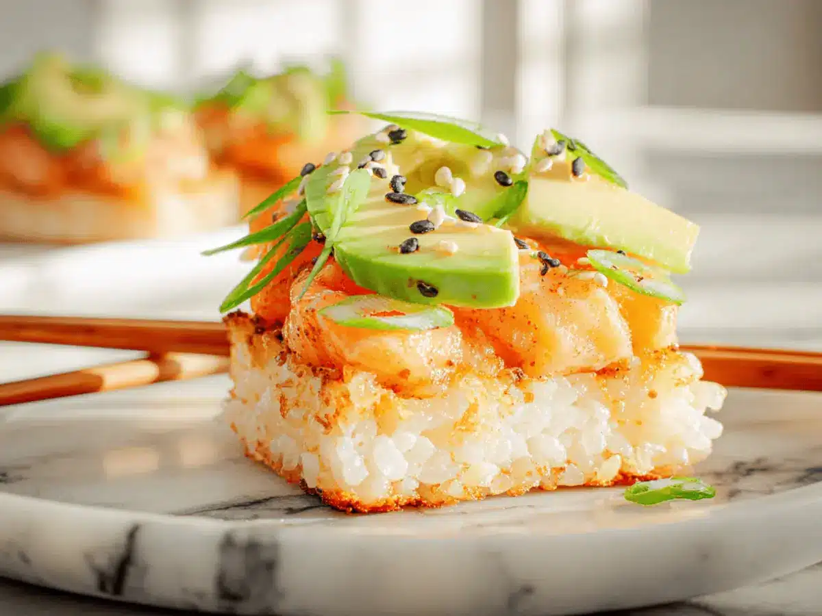 Spicy salmon crispy rice served on a bright marble table.