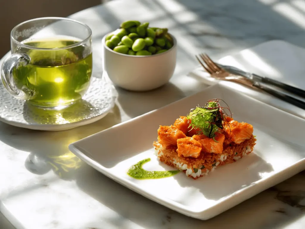 Spicy salmon crispy rice served with miso soup and edamame.